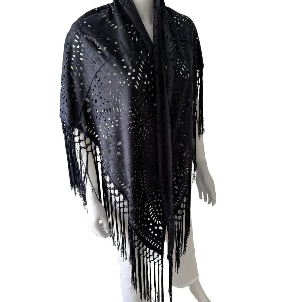 Muche et Muchette Navy Laser Cut Fringe Faux Suede Shawl NWT